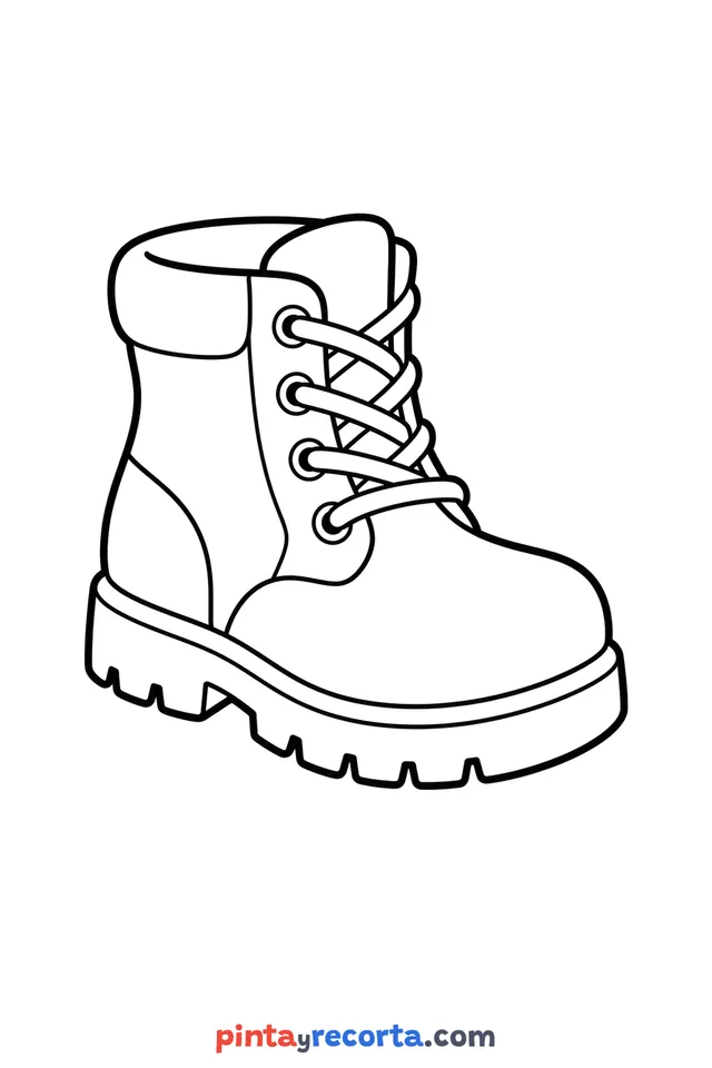 Dibujo de bota para colorear en vista de tres cuartos, nivel básico con trazos gruesos y áreas grandes