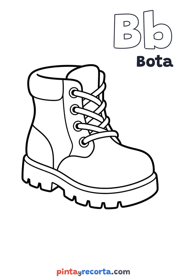 Dibujo de bota para colorear con la letra Bb y la palabra Bota, nivel básico