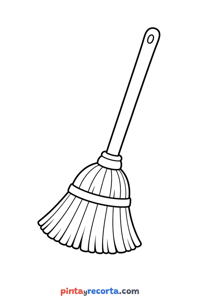Broom coloring page: in three-quarter view, easy level with thick outlines and big spaces