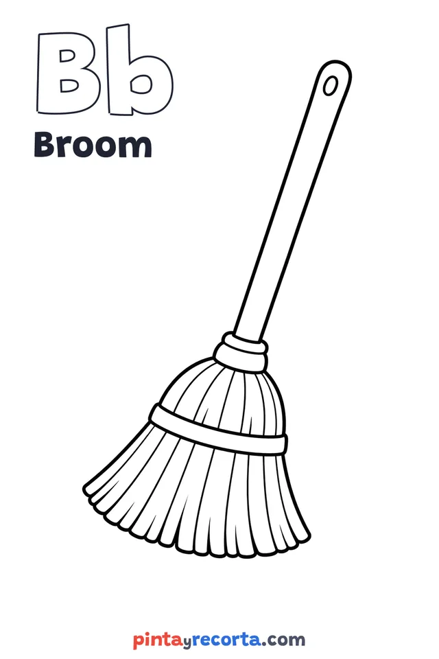Broom coloring page with the letter Bb and the word Broom, easy level