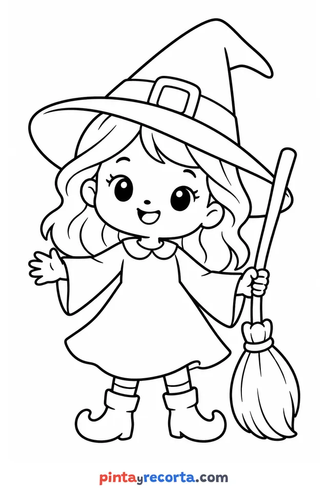 Dibujo de bruja de Halloween para colorear, nivel básico con trazos gruesos y áreas grandes