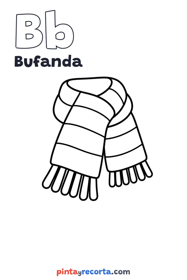 Dibujo de bufanda para colorear con la letra Bb y la palabra Bufanda, nivel básico