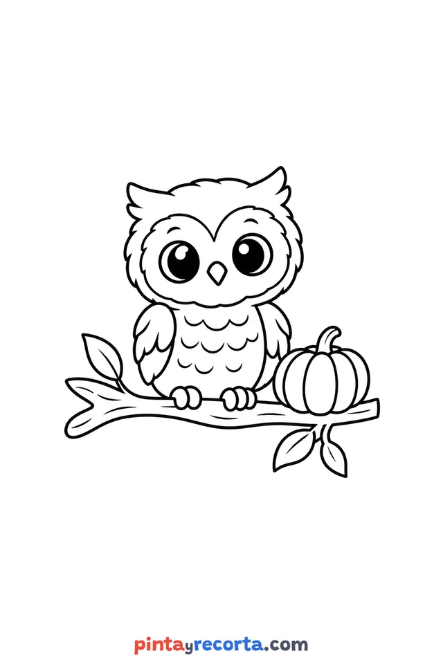 Dibujo de búho de Halloween para colorear, nivel básico con trazos gruesos y áreas grandes