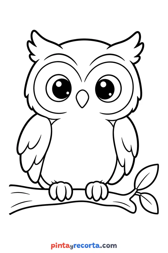 Dibujo de búho para colorear de cuerpo completo en pose tranquila, nivel básico con trazos gruesos y áreas grandes