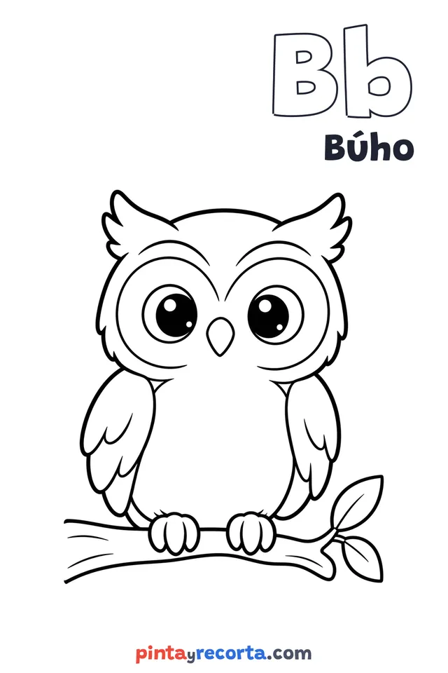 Dibujo de búho para colorear con la letra Bb y la palabra Búho, nivel básico