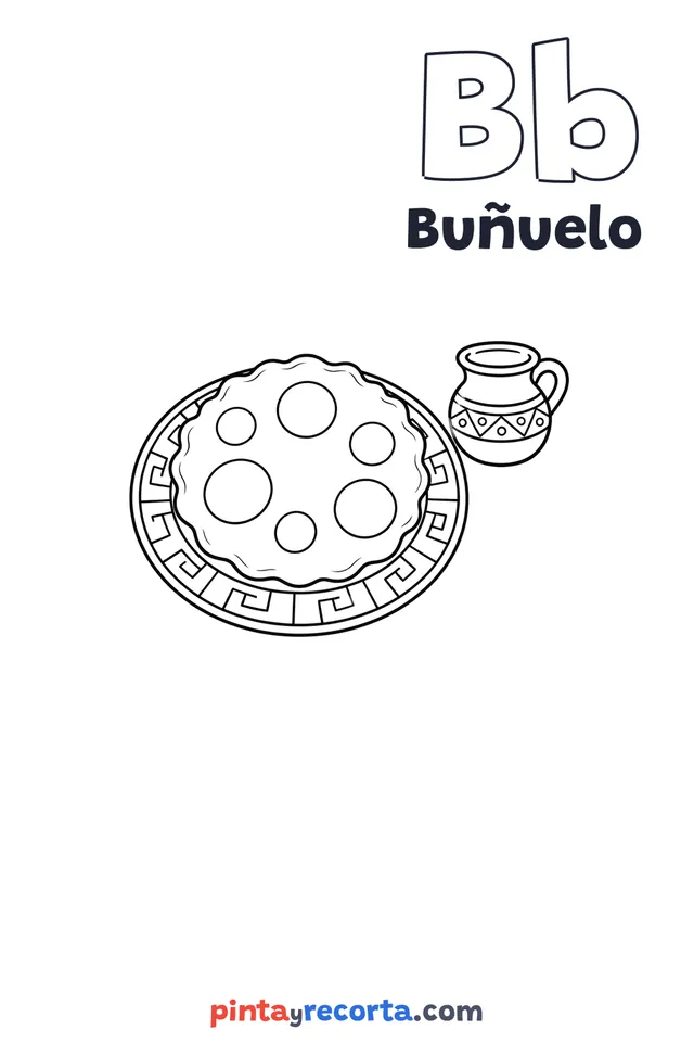 Dibujo de buñuelo para colorear con la letra Bb y la palabra Buñuelo, nivel básico