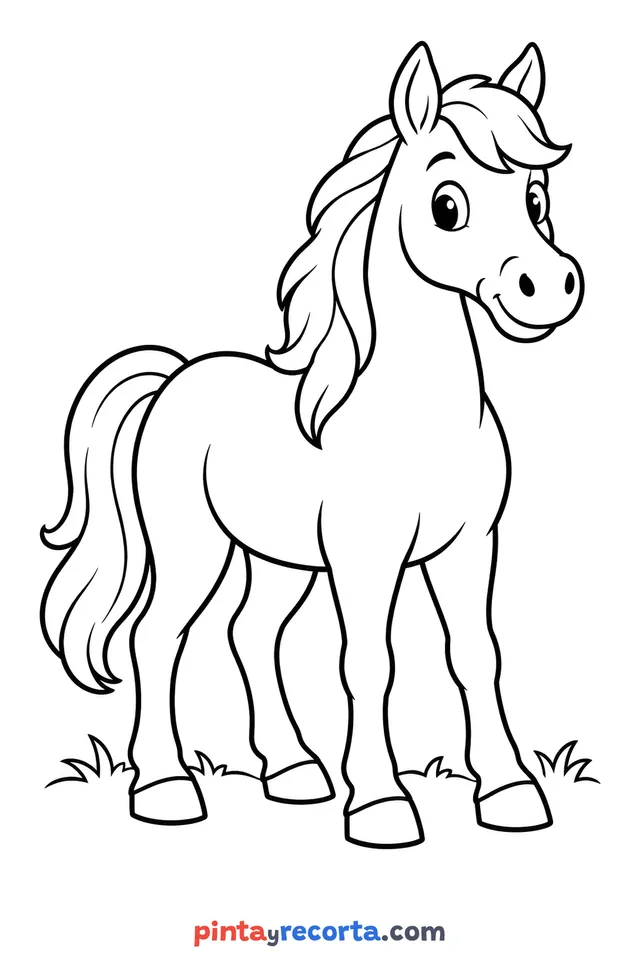 Dibujo de caballo para colorear de cuerpo completo en pose tranquila, nivel básico con trazos gruesos y áreas grandes