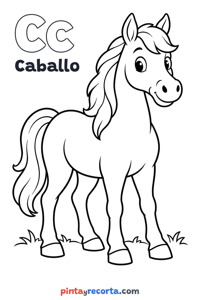 Dibujo de caballo para colorear con la letra Cc y la palabra Caballo, nivel básico