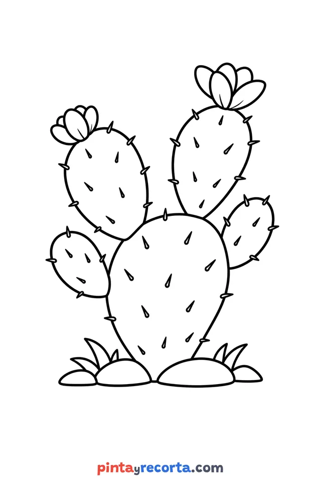Cactus coloring page: a prickly pear cactus with flowers on the grass, easy level with thick outlines and big spaces