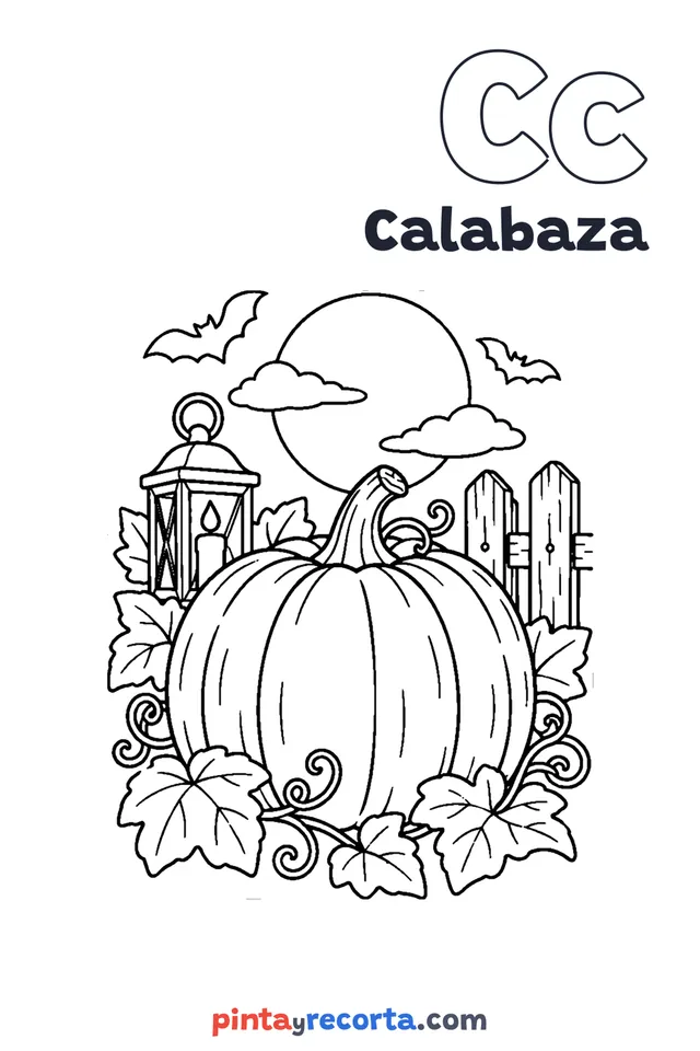 Dibujo de calabaza para colorear con la letra Cc y la palabra Calabaza, nivel avanzado