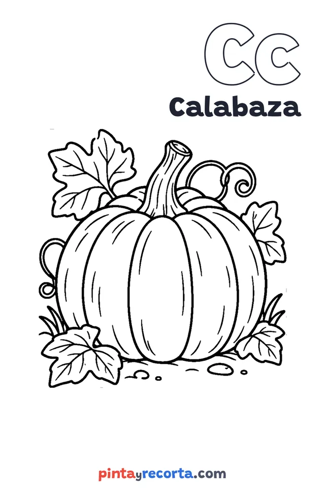 Dibujo de calabaza para colorear con la letra Cc y la palabra Calabaza, nivel intermedio