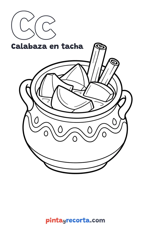Dibujo de calabaza en tacha para colorear con la letra Cc y la palabra Calabaza en tacha, nivel básico