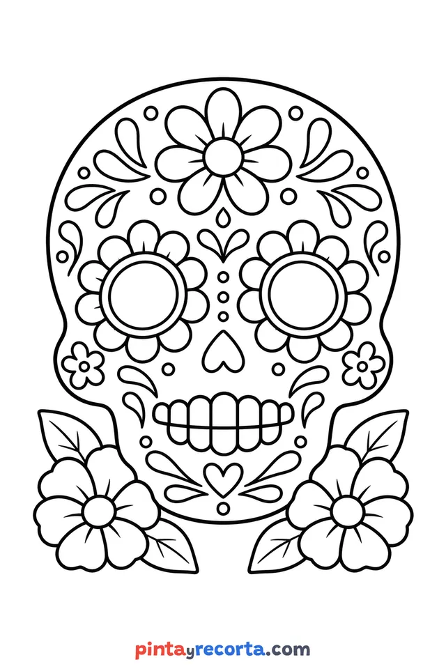 Dibujo de calaverita de Día de Muertos para colorear, nivel básico con trazos gruesos y áreas grandes