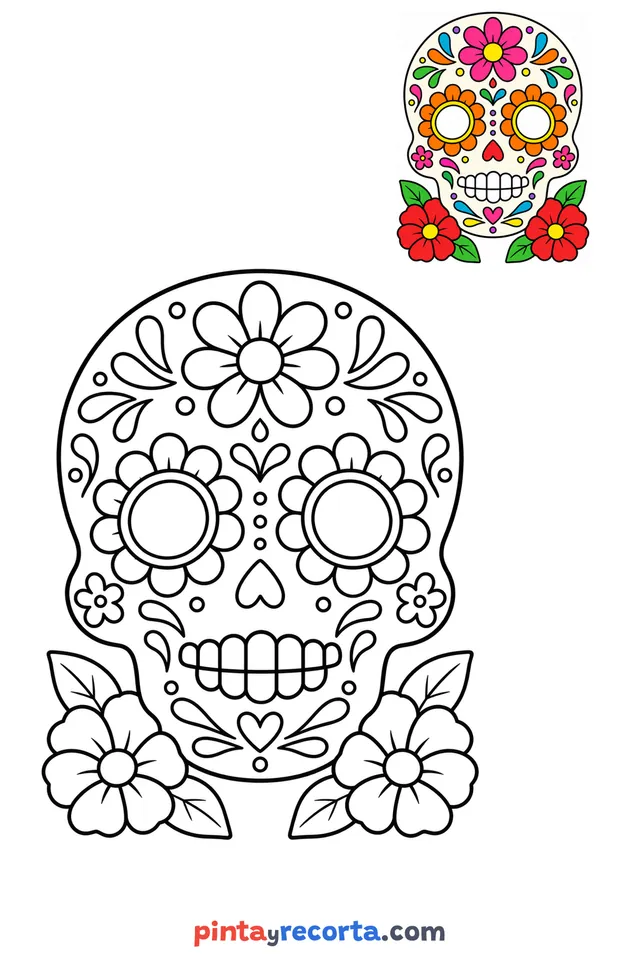 Dibujo de calaverita para colorear con una guía de color en miniatura, nivel básico
