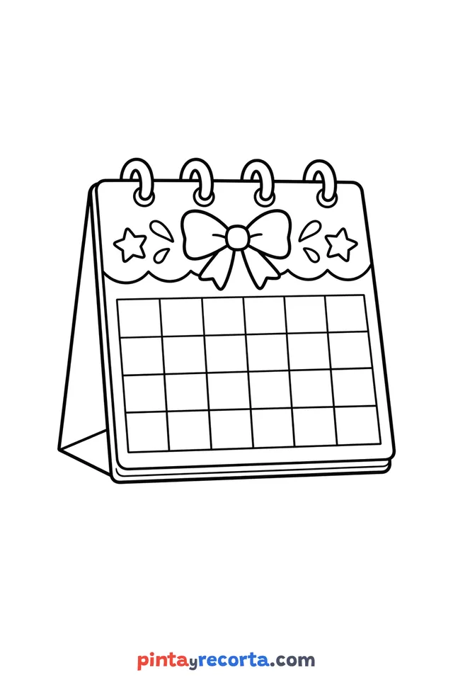 Dibujo de calendario de Año Nuevo para colorear, nivel básico con trazos gruesos y áreas grandes