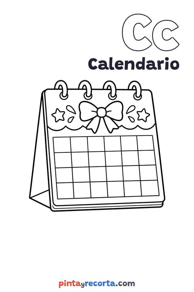 Dibujo de calendario para colorear con la letra Cc y la palabra Calendario, nivel básico