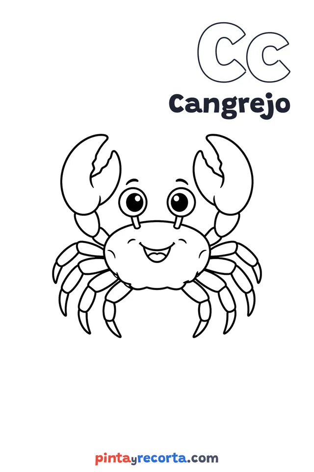 Dibujo de cangrejo para colorear con la letra Cc y la palabra Cangrejo, nivel básico