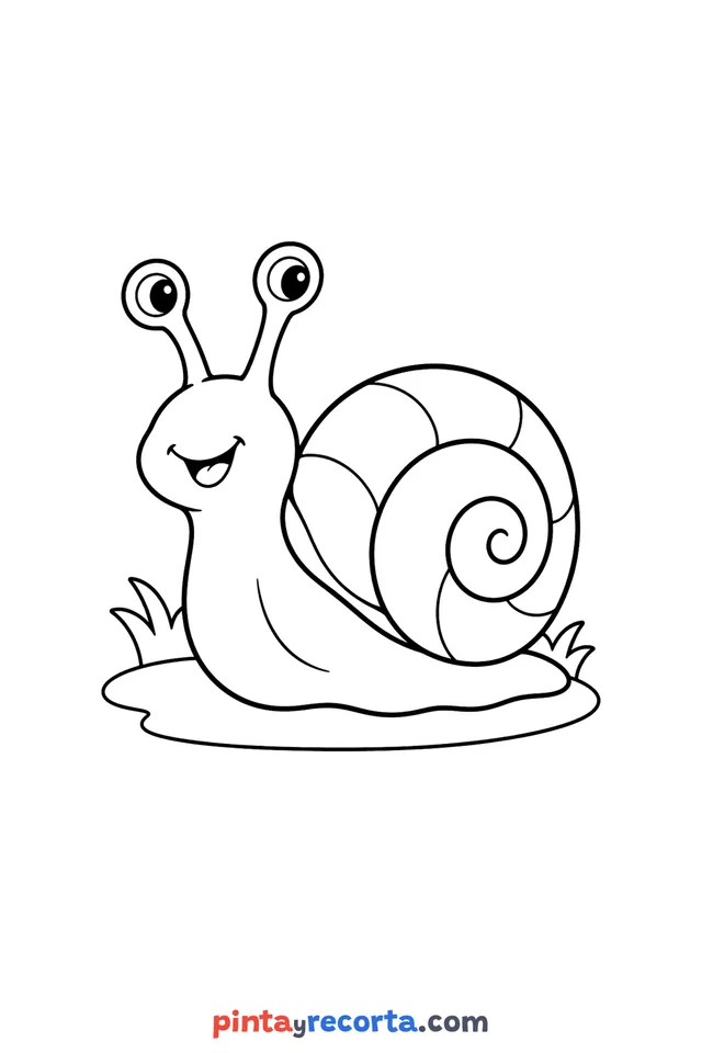 Dibujo de caracol para colorear: un caracol sonriente con su concha en espiral junto a unas matas de pasto, nivel básico con trazos gruesos y áreas grandes
