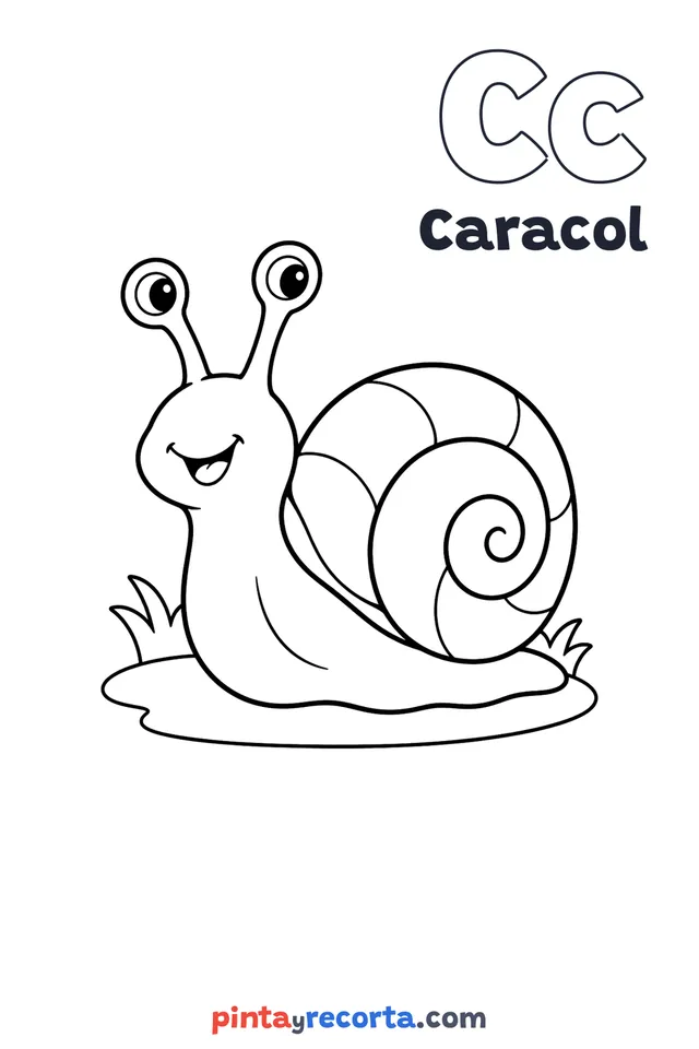 Dibujo de caracol para colorear con la letra Cc y la palabra Caracol, nivel básico