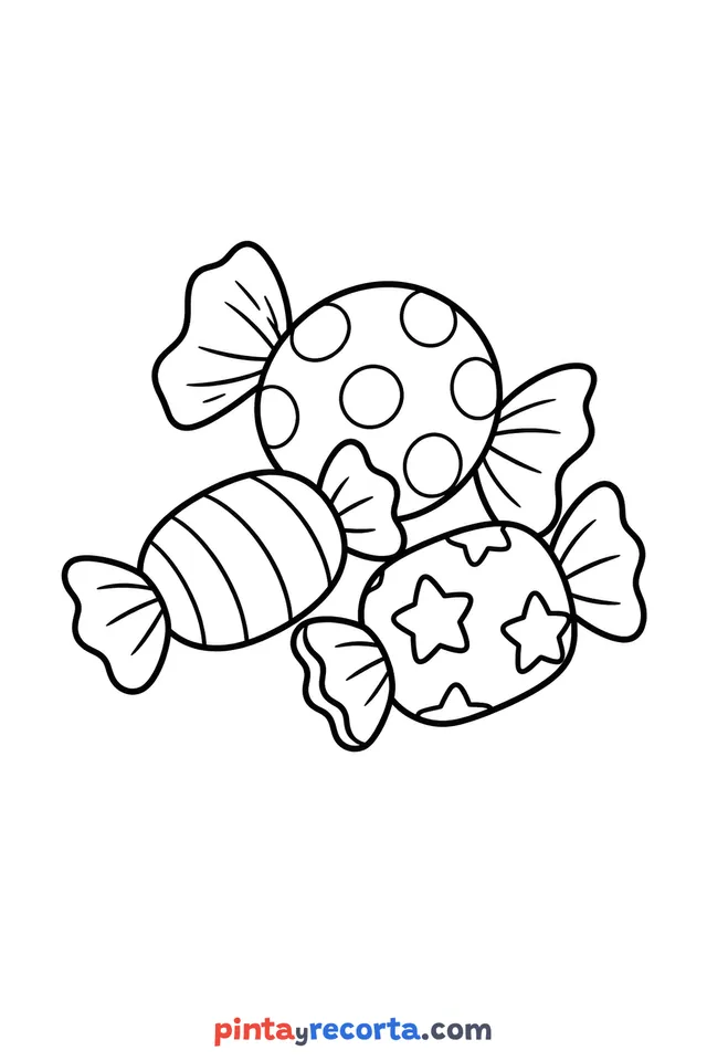 Dibujo de caramelo de Halloween para colorear, nivel básico con trazos gruesos y áreas grandes