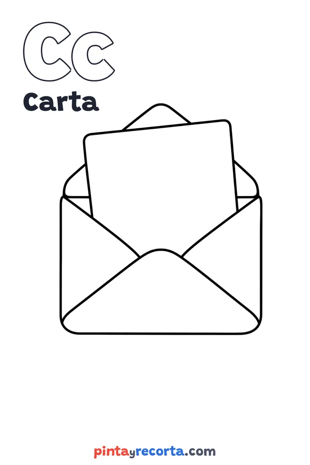 Dibujo de carta para colorear con la letra Cc y la palabra Carta, nivel básico