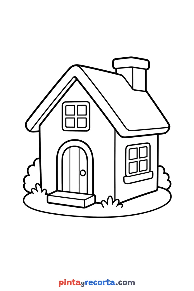 Dibujo de casa para colorear en vista de tres cuartos, nivel básico con trazos gruesos y áreas grandes