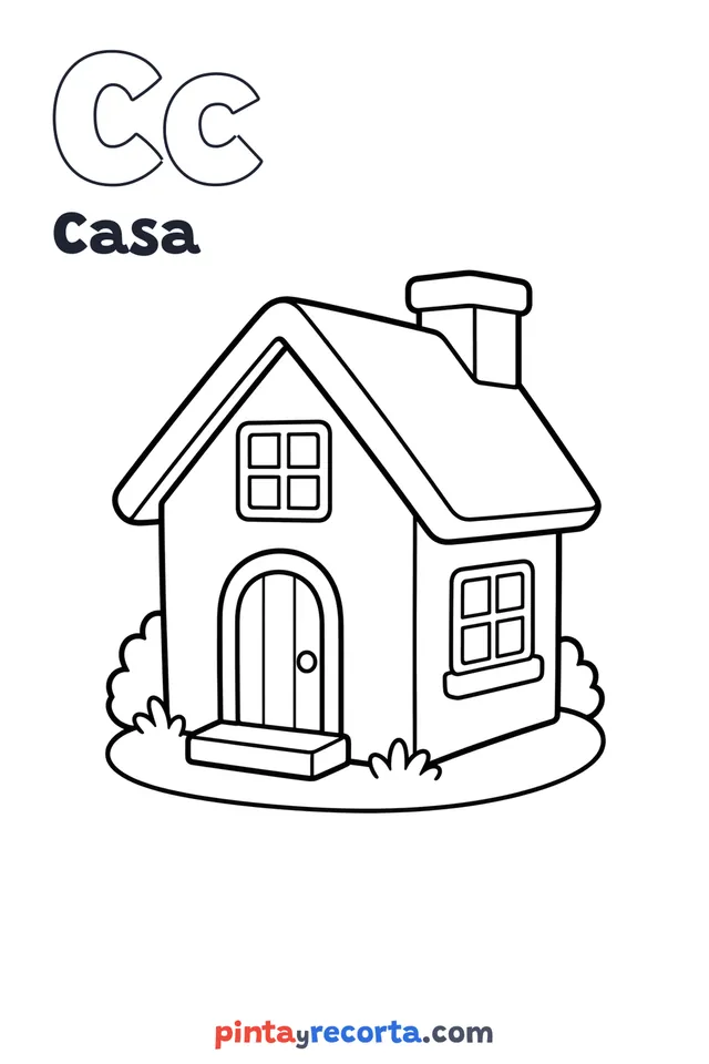 Dibujo de casa para colorear con la letra Cc y la palabra Casa, nivel básico