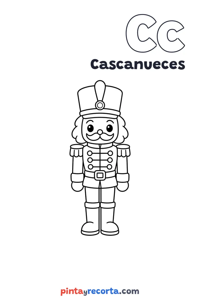 Dibujo de cascanueces para colorear con la letra Cc y la palabra Cascanueces, nivel básico