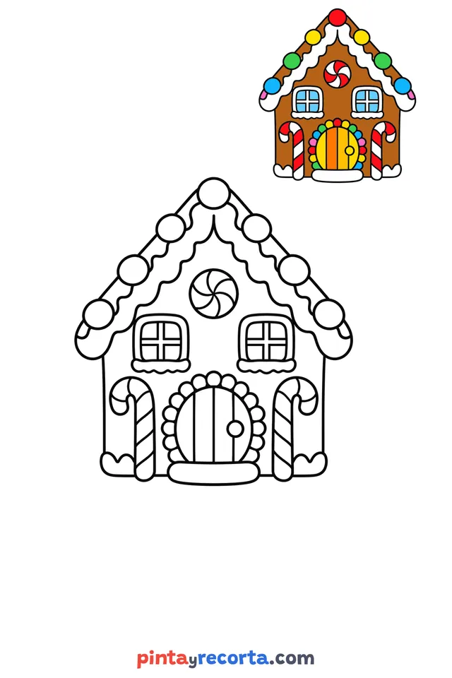 Dibujo de casita de jengibre para colorear con una guía de color en miniatura, nivel básico
