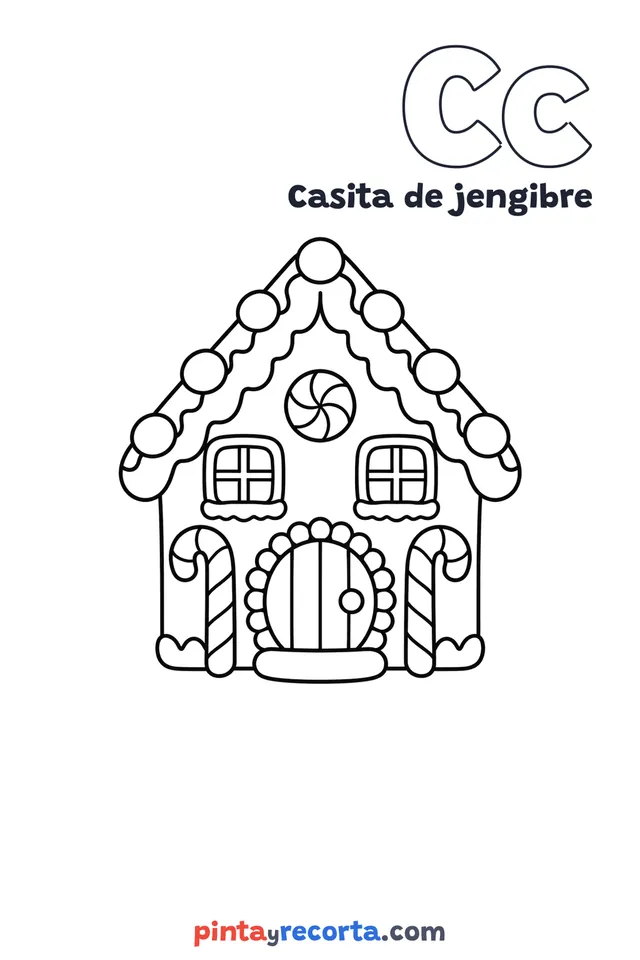 Dibujo de casita de jengibre para colorear con la letra Cc y la palabra Casita de jengibre, nivel básico