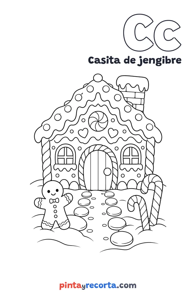 Dibujo de casita de jengibre para colorear con la letra Cc y la palabra Casita de jengibre, nivel intermedio
