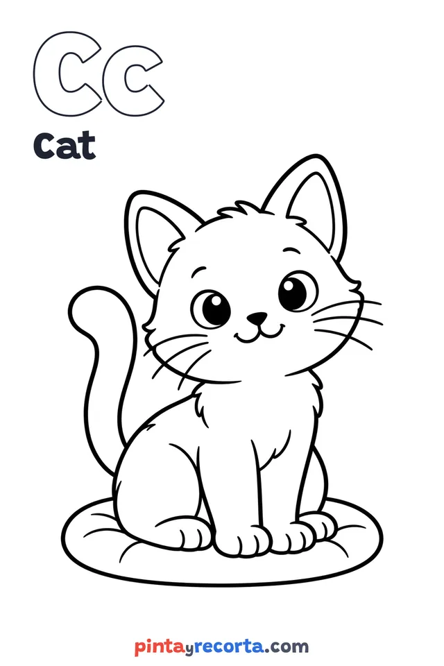 Cat coloring page with the letter Cc and the word Cat, easy level