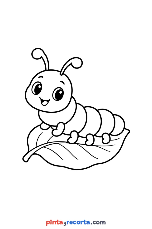 Caterpillar coloring page: on a leaf, easy level with thick outlines and big spaces