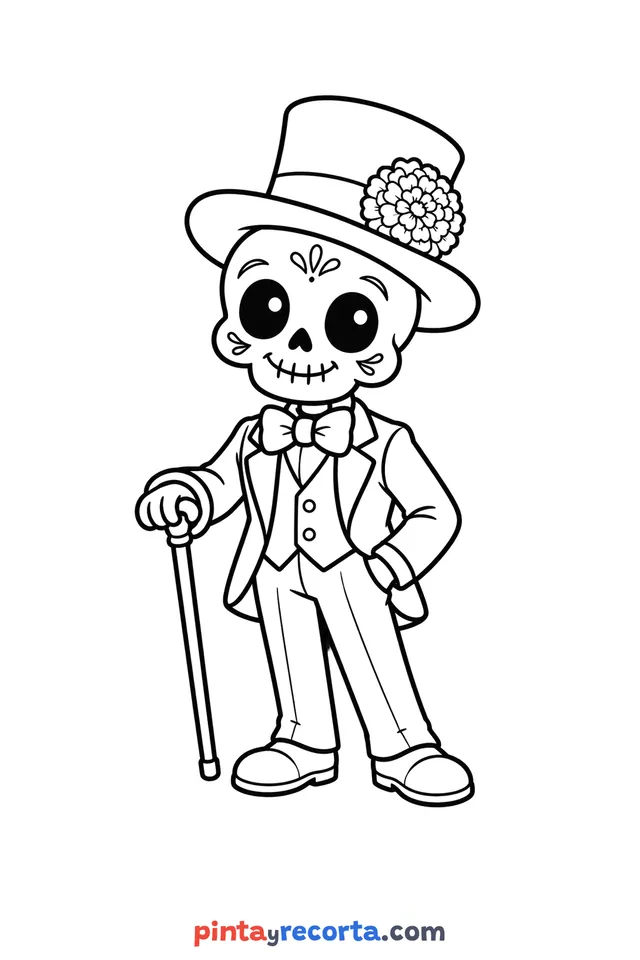 Dibujo de catrín de Día de Muertos para colorear, nivel básico con trazos gruesos y áreas grandes