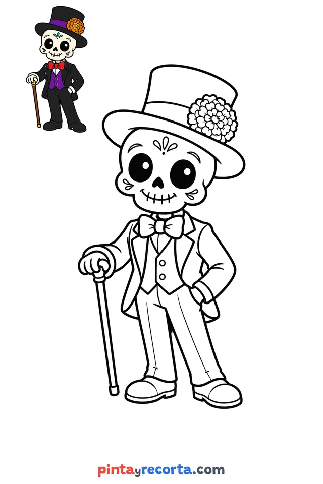 Dibujo de catrín para colorear con una guía de color en miniatura, nivel básico