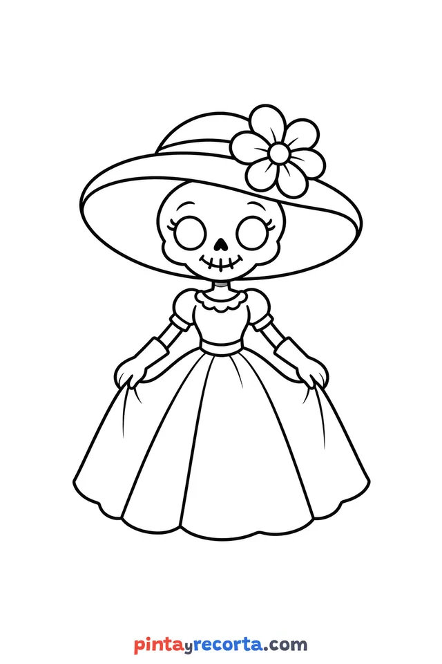 Dibujo de catrina de Día de Muertos para colorear, nivel básico con trazos gruesos y áreas grandes