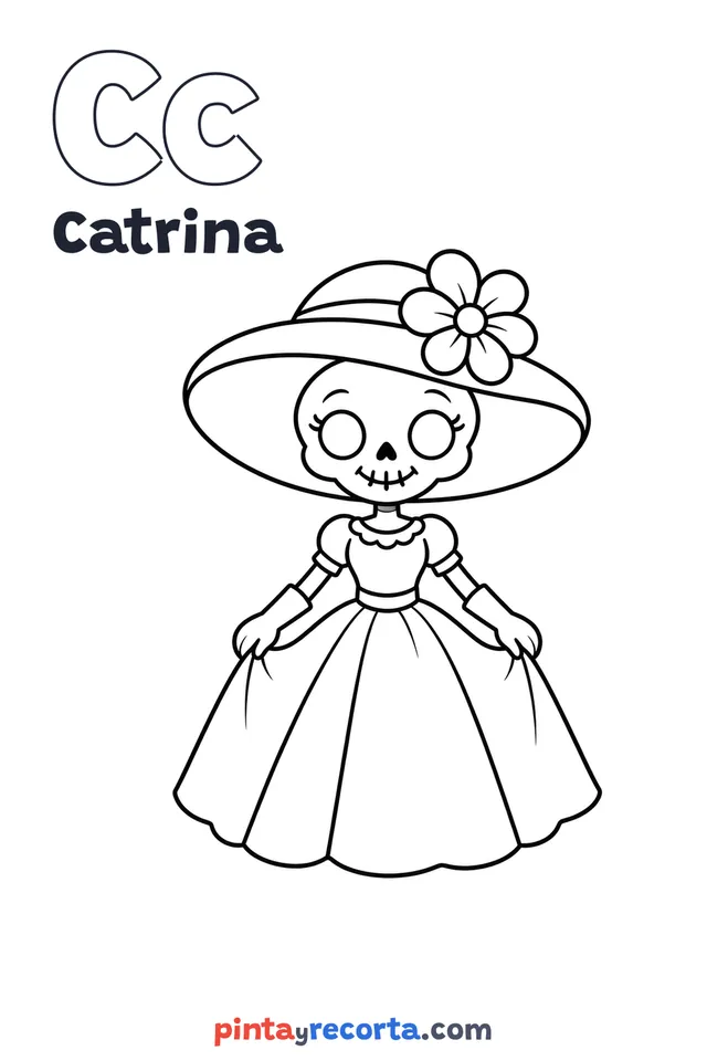 Dibujo de catrina para colorear con la letra Cc y la palabra Catrina, nivel básico