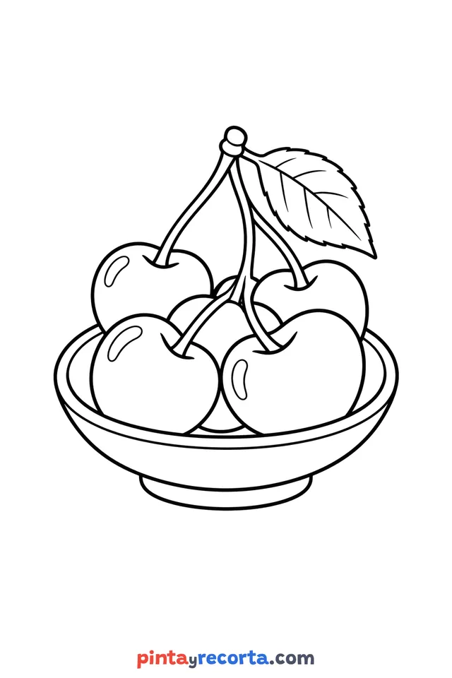 Dibujo de cereza para colorear sobre un plato, nivel básico con trazos gruesos y áreas grandes