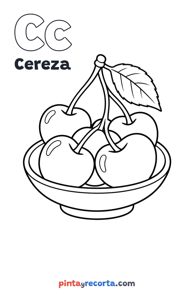Dibujo de cereza para colorear con la letra Cc y la palabra Cereza, nivel básico