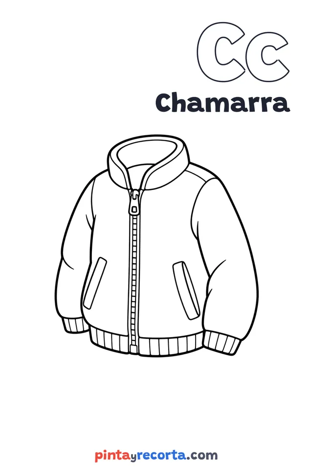 Dibujo de chamarra para colorear con la letra Cc y la palabra Chamarra, nivel básico