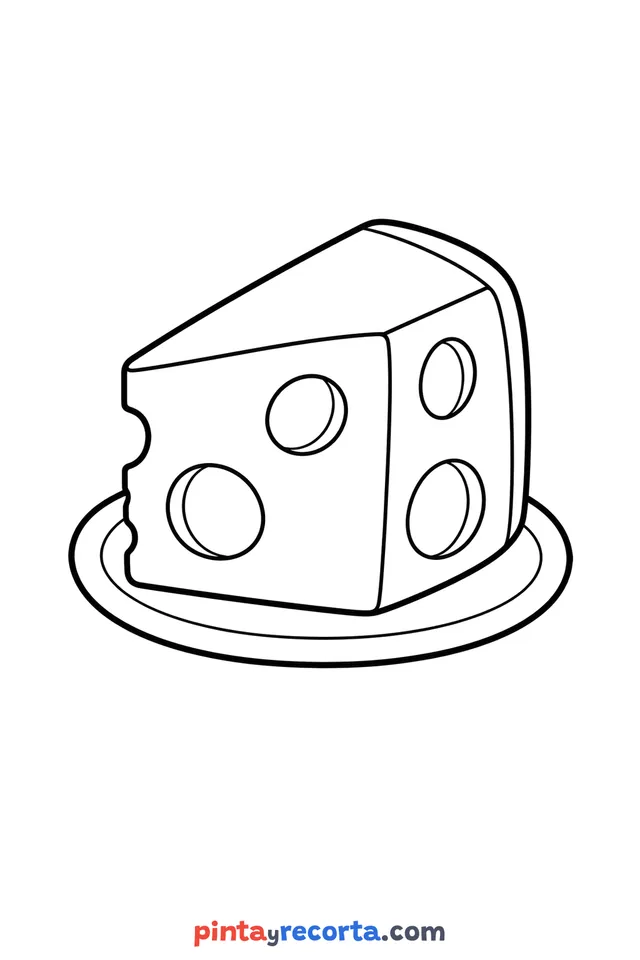 Cheese coloring page: served on a plate, easy level with thick outlines and big spaces
