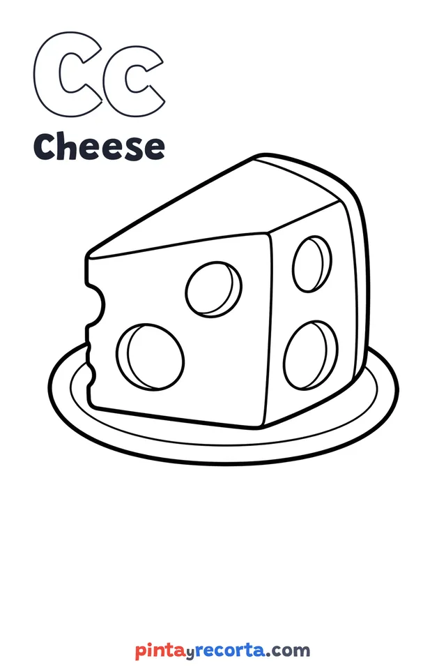 Cheese coloring page with the letter Cc and the word Cheese, easy level