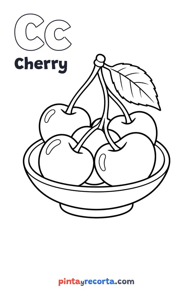 Cherry coloring page with the letter Cc and the word Cherry, easy level