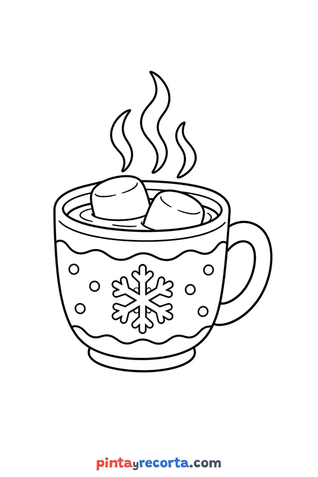 Dibujo de chocolate caliente de invierno para colorear, nivel básico con trazos gruesos y áreas grandes