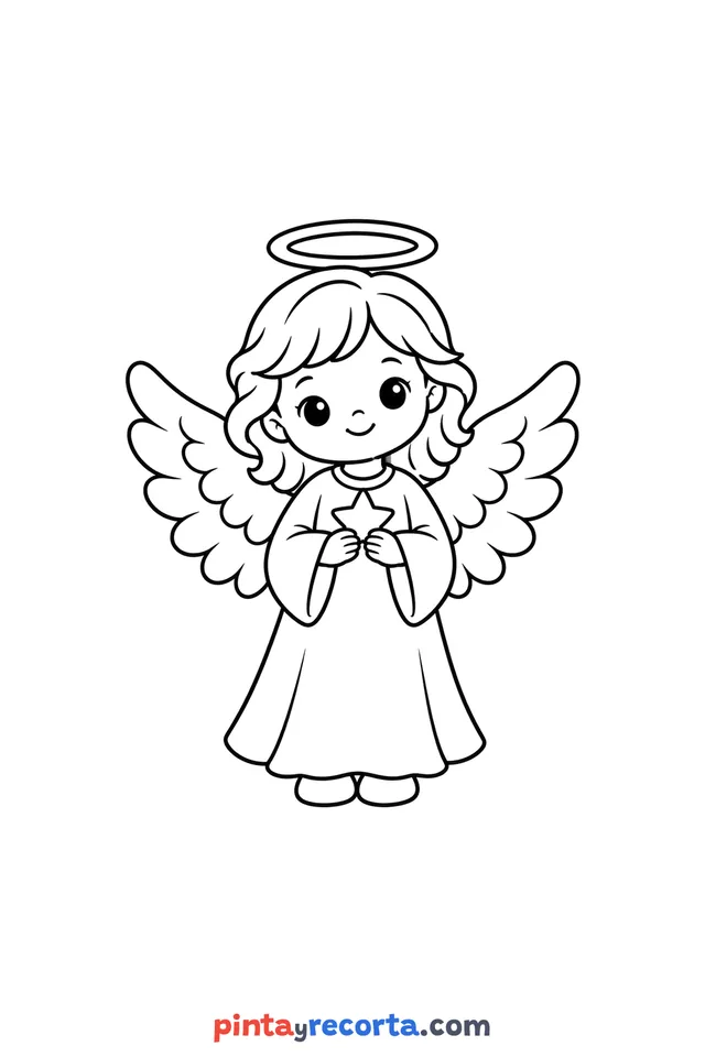 Christmas angel coloring page, easy level with thick outlines and big spaces