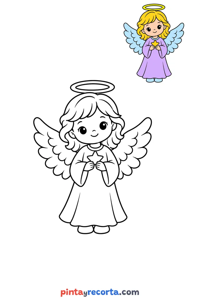 Angel coloring page with a small color guide, easy level