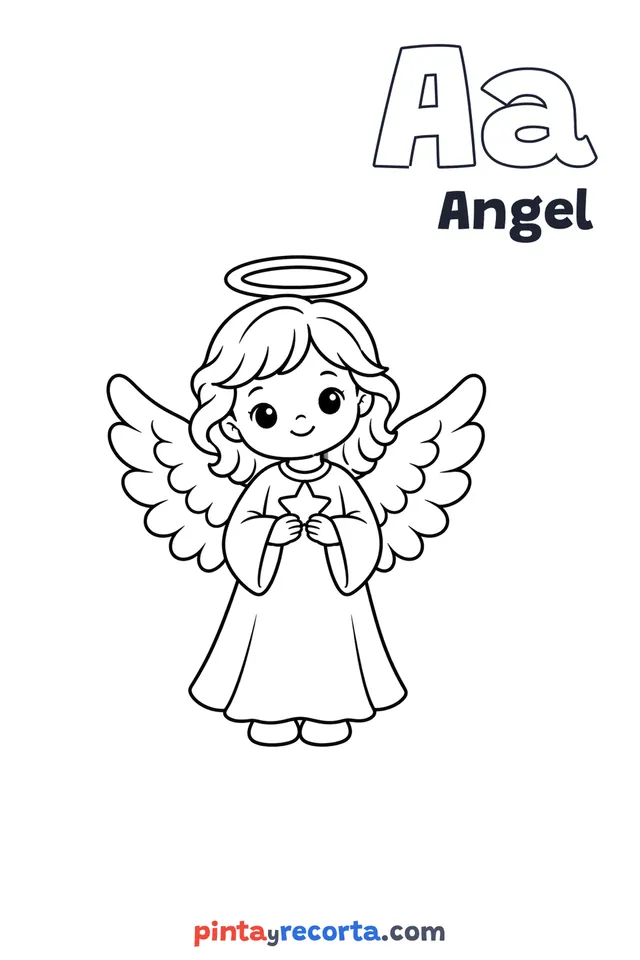 Angel coloring page with the letter Aa and the word Angel, easy level
