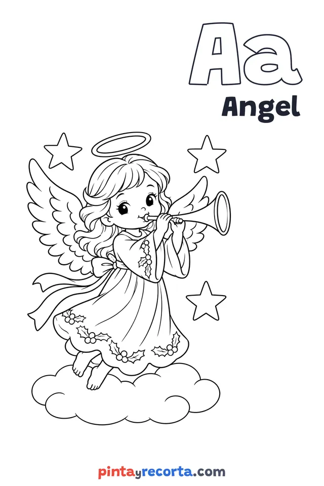 Angel coloring page with the letter Aa and the word Angel, medium level