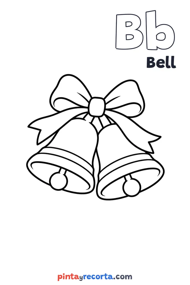 Bell coloring page with the letter Bb and the word Bell, easy level
