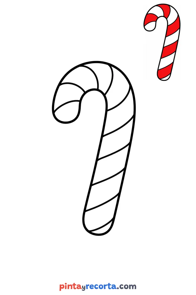 Candy cane coloring page with a small color guide, easy level